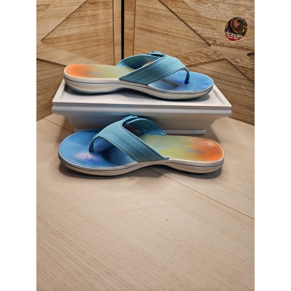 Clarks Blue Ombre Sea Flip Flop Sz 9.5 Cloudsteppers Breeze Adj Thong Sandal5944
